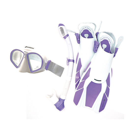 Sets PLAYA LADY SET WHITE PURPLE CLEAR GUARDIAN WATER SPORTS Snorkeling, Scuba Diving, Swimming, Professional Gear, Marine Grade. Ocean, Sea